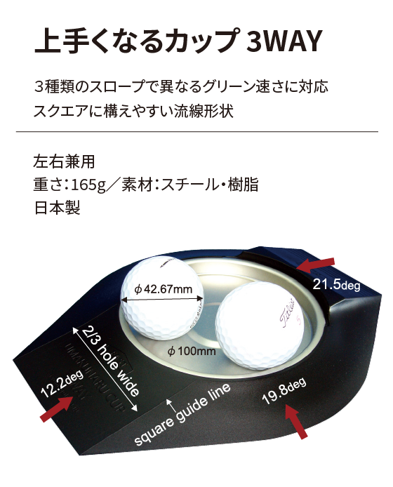 Umakunaru Cup 3WAY With respect to the cup, the streamlined shape adapts easily to the square, and the address which forms around the cup is easy to take. Concurrently usable by left and right Weight: 165g / Material: Steel and plastic Made in Japan Open price